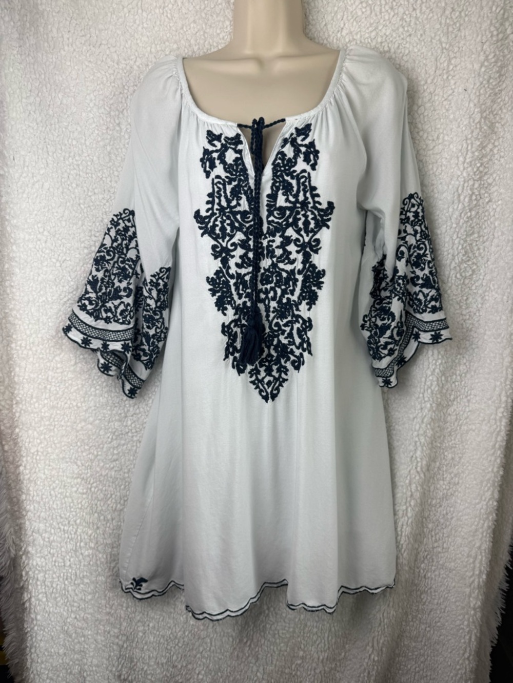 Shift Dress with Navy Embroidery Scallop Hem Bell Sleeve S